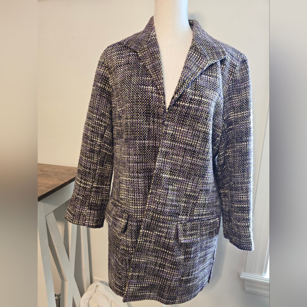 Chico's Plum Chartreuese Metallic Tweed Oversized Blazer Women's Size 8 - Picture 2 of 6
